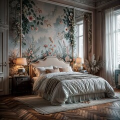 A bedroom with a floral wallpaper with a floral wallpaper.