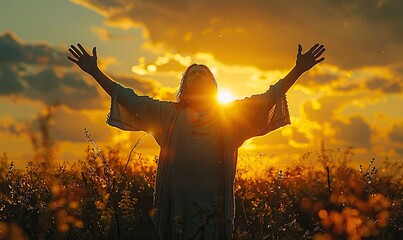 A silhouette of Jesus, arms outstretched towards the heavens, embodies both redemption and spirituality.