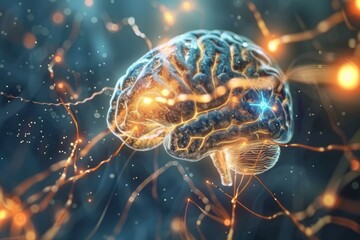 close up of human brain showing neurons firing and neural extensions