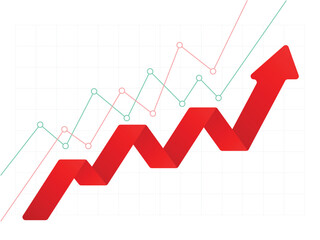 red bussiness arrow graph, stock market arrow pointing up, growing up, economic boom chart trending upwards, business profit, financial board rises