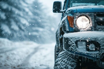 Close up Pickup truck with bucket winter snow removal on the road