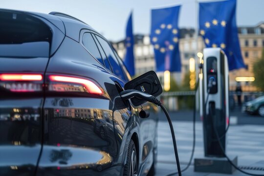Close up Rear side of a luxurious SUV car parked beside a charging station with EU flag in background - Powered by Adobe