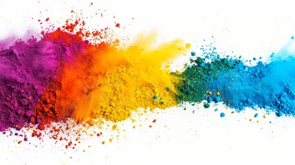Obraz premium Vibrant rainbow-colored holi powder explosion, isolated on a white background, wide panorama