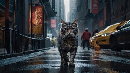 ?at walking down a city street. AI generative.