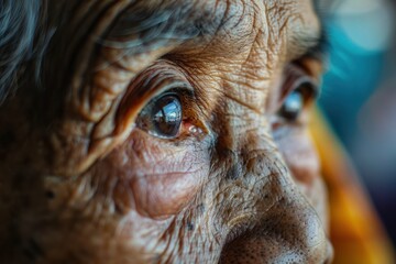 Closeup of senior woman face and eye, age, vision and old people concept