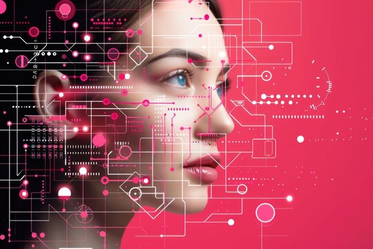 A woman's face is overlaid with a complex network of digital circuits and glowing dots, creating a mesmerizing blend of human and artificial - Powered by Adobe