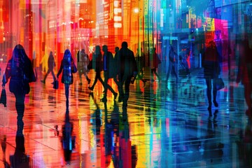Colorful Abstract Cityscape with Silhouetted Figures in Vibrant Urban Environment