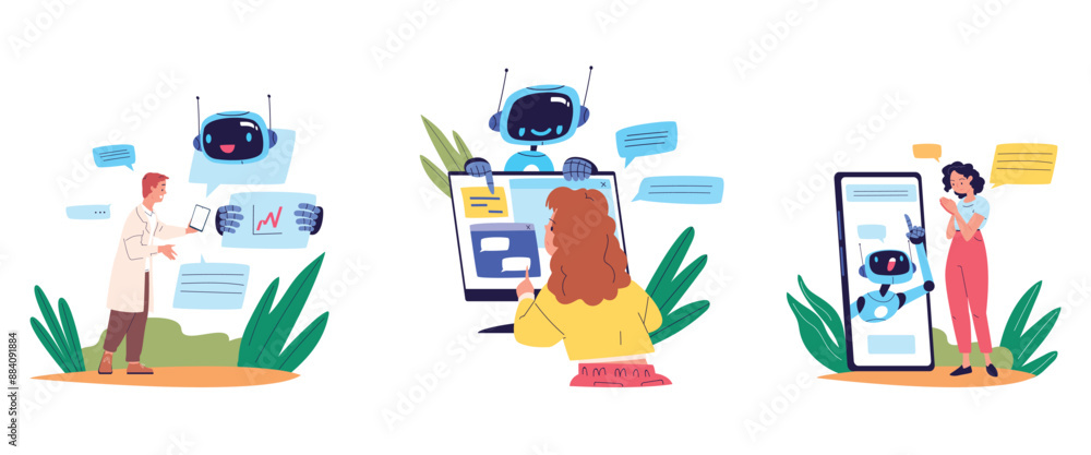 Poster chatbot answer customer. robot assistant support service for people, ai technology user help interne