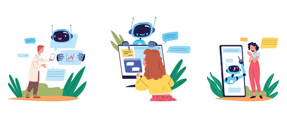 Chatbot answer customer. Robot assistant support service for people, ai technology user help internet online chat assistance in smartphone app or computer, vector illustration