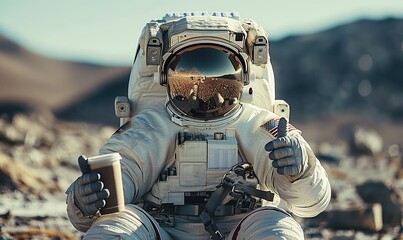 An astronaut in space enjoys a fresh cup of coffee and gives a thumbs up.