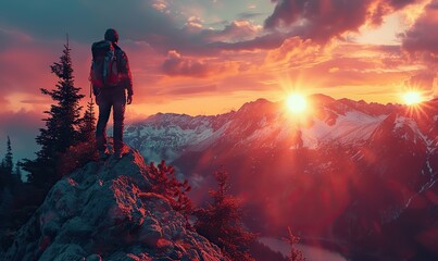 Fototapeta premium The concept of overcoming business challenges to achieve goals is illustrated by a man climbing a mountain towards a flag at the summit.