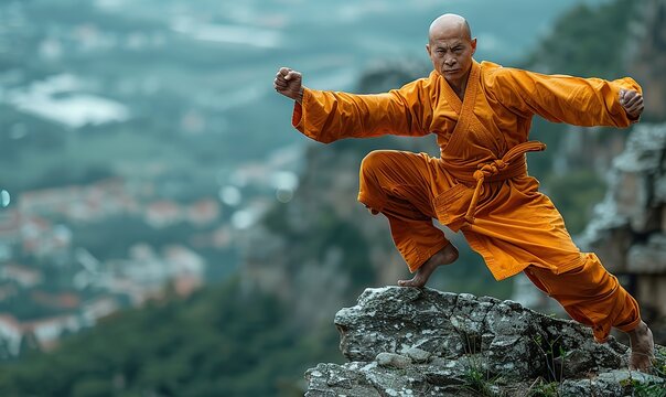A Shaolin warrior monk, practicing extreme kung fu, leaped from a high cliff.