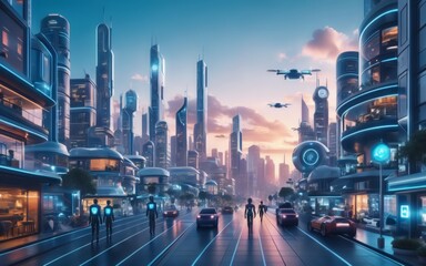 Naklejka premium Futuristic Cityscape with Autonomous Vehicles and AI Powered Patrol Drones