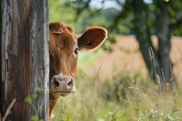 curious bull peeking from the corner on a green grass meadow