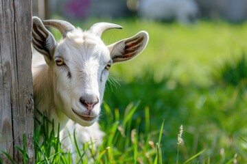 Fototapeta premium curious goat peeking from the corner on a green grass meadow