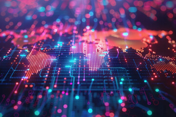 Vibrant digital world map glowing with futuristic data connections, representing global technology, innovation, and interconnected networks.