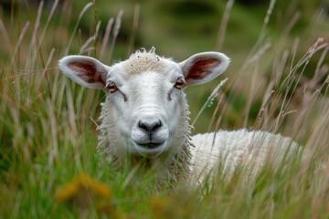 curious sheep peeking from the corner on a green grass meadow