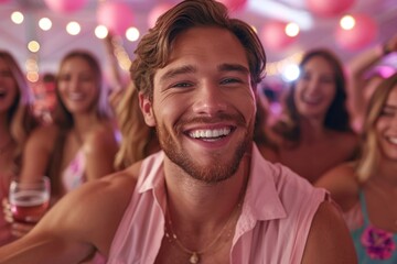 Fototapeta premium A man with a beaming smile stands in front of a group of friends, all enjoying a festive atmosphere