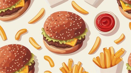 Seamless pattern of cartoon style burgers, french fries, and ketchup on light background
