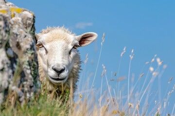 Obraz premium curious sheep peeking from the corner on a green grass meadow