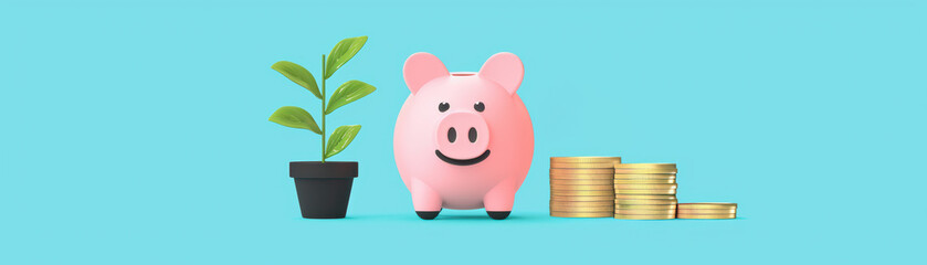 Fototapeta premium Piggy bank, potted plant, and stacked coins on a turquoise background symbolize savings, investment, and financial growth in a minimalist style.