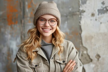 A young woman with long blonde hair smiles warmly while wearing a knitted hat and a denim jacket