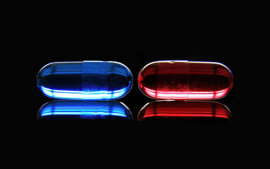 Two glowing capsules, one blue and one red, reflecting on a shiny surface against a black background. Concept of choice, medicine, and decision making.