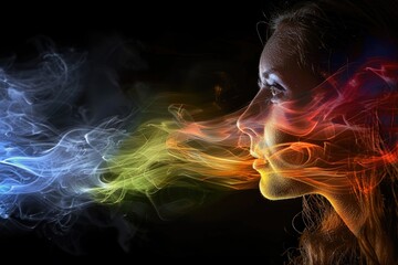 Obraz premium A woman's profile, partially obscured by vibrant, swirling smoke, evokes a sense of creativity and boundless imagination