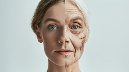 Woman's face divided into young and aged sides. Concept of aging, anti-age procedures, and cosmetology treatments.