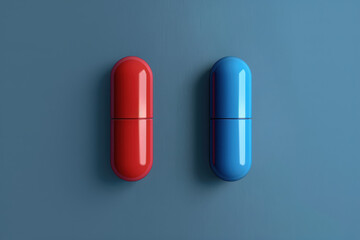 Two glossy pills, one red and one blue, stand out against a solid blue background. Simple and clean design perfect for medical and health concepts.