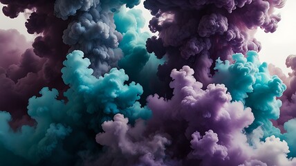 Fototapeta premium A blend of blue, teal, purple, and aqua smoke clouds, creating a mesmerizing and colorful effect on a white background