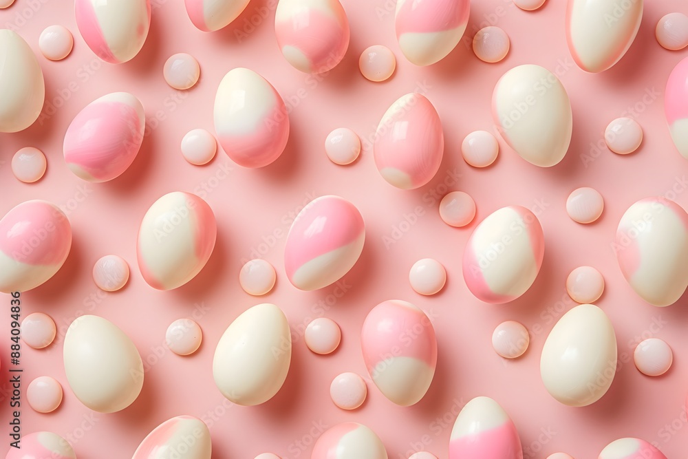 Poster pink and white candy eggs pattern on a pink background in a flat lay with a minimal concept photogra