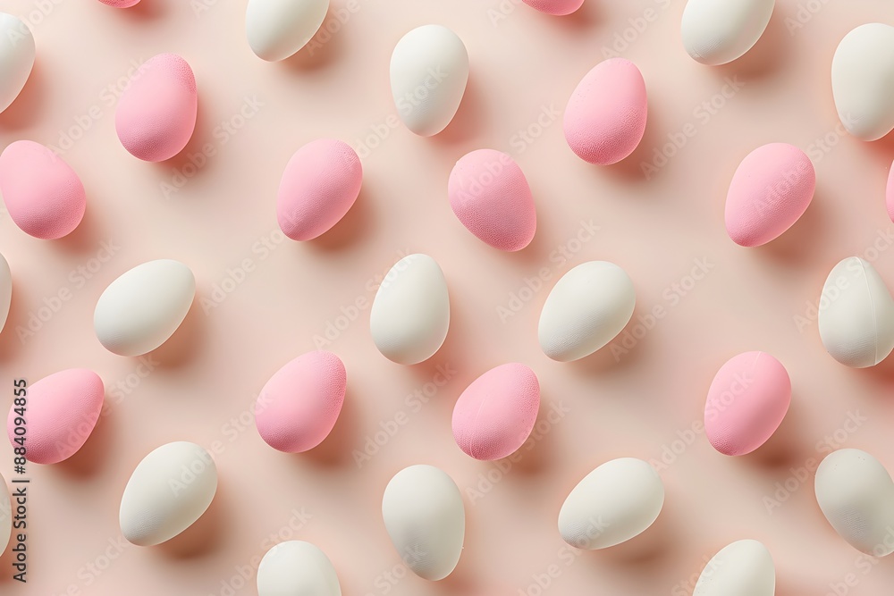 Poster pink and white candy eggs pattern on a pink background in a flat lay with a minimal concept photogra