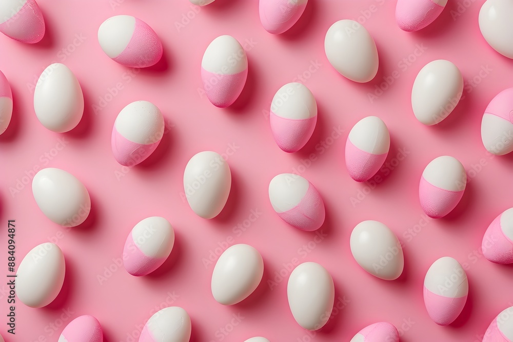 Poster pink and white candy eggs pattern on a pink background in a flat lay with a minimal concept photogra
