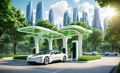 Electric Cars Charging in Green Futuristic City