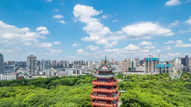 Time-lapse aerial photography of Shennong Pavilion in Shennong Park, Zhuzhou, China