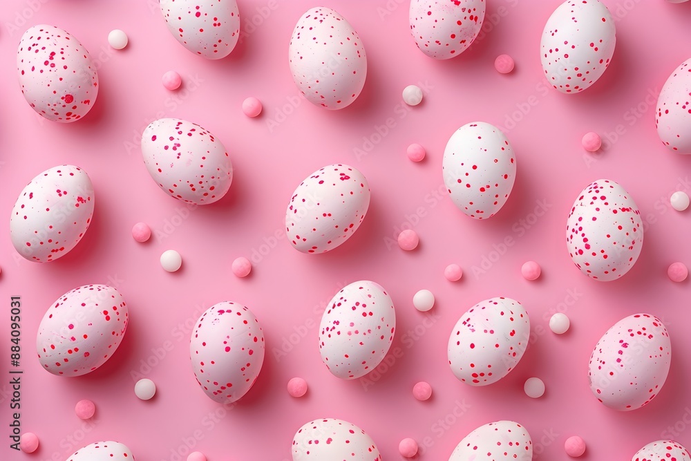 Poster pink and white candy eggs pattern on a pink background in a flat lay with a minimal concept photogra