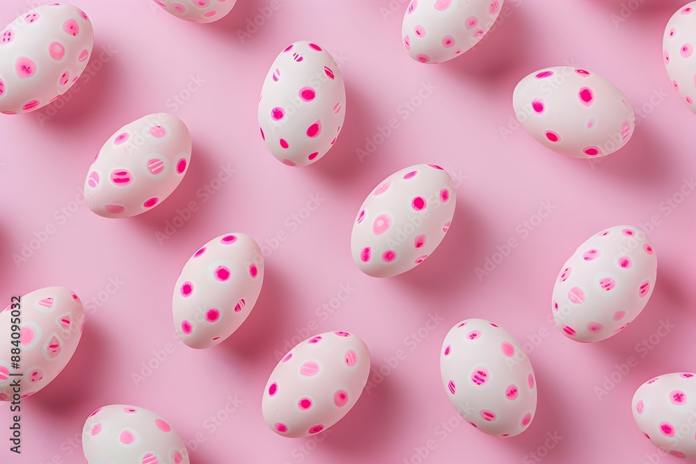 Poster pink and white candy eggs pattern on a pink background in a flat lay with a minimal concept photogra