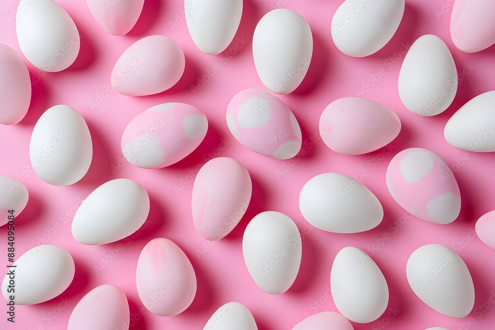 Poster pink and white candy eggs pattern on a pink background in a flat lay with a minimal concept photogra