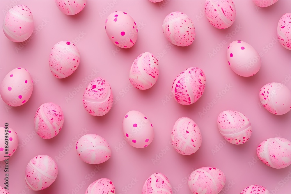 Poster pink and white candy eggs pattern on a pink background in a flat lay with a minimal concept photogra