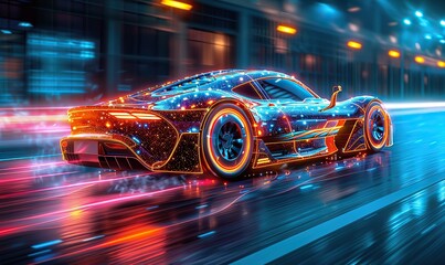 A futuristic clean energy car drives fast, leaving colorful light trails in its wake.