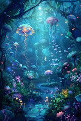 mystical deep sea garden with an array of vibrant, glowing flora and fauna. Include fantastical creatures such as jellyfish, seahorses, and anemones in a tranquil underwater scene