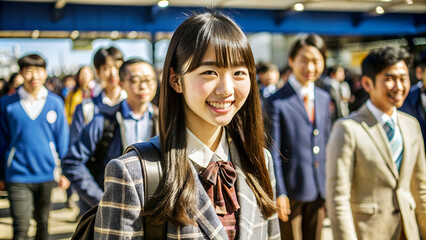 Obraz premium A beautiful Japanese school girl is walking across a zebra crossing. She turns her head and smiles at the camera