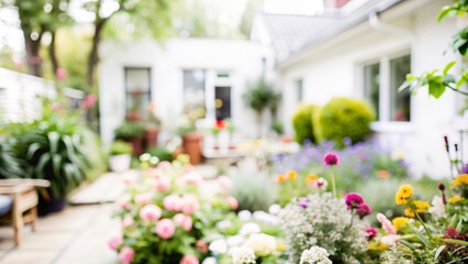 Home Garden Blur - Blurred background featuring a lush garden or backyard with plants and flowers.
