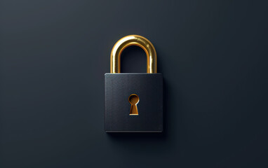 Fototapeta premium A close-up image of a black padlock with a golden shackle, symbolizing security and safety. The lock is centered on a dark, minimalist background.