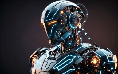 Fototapeta premium Advanced Humanoid AI Robot with Blue and Orange Lights