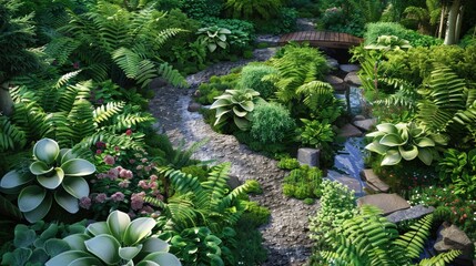 A lush garden with a variety of ferns and hostas, a stone path winding through, and a small wooden bridge over a stream.