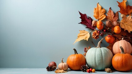 Autumn background with dried leaves, pumpkins, flowers on pastel background. Halloween and Thanksgiving day concept, copy space. Generative AI.