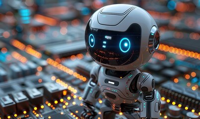 Fototapeta premium Futuristic robotic microchip processor with isometric 3D robot chatbot, AI in science and business on chip processor.