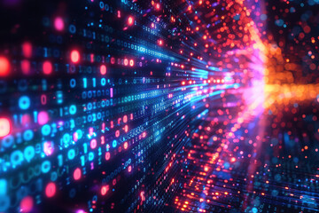 Fototapeta premium Futuristic digital matrix concept, with colorful binary code streams representing technology, big data, and information flow in a cyber space.